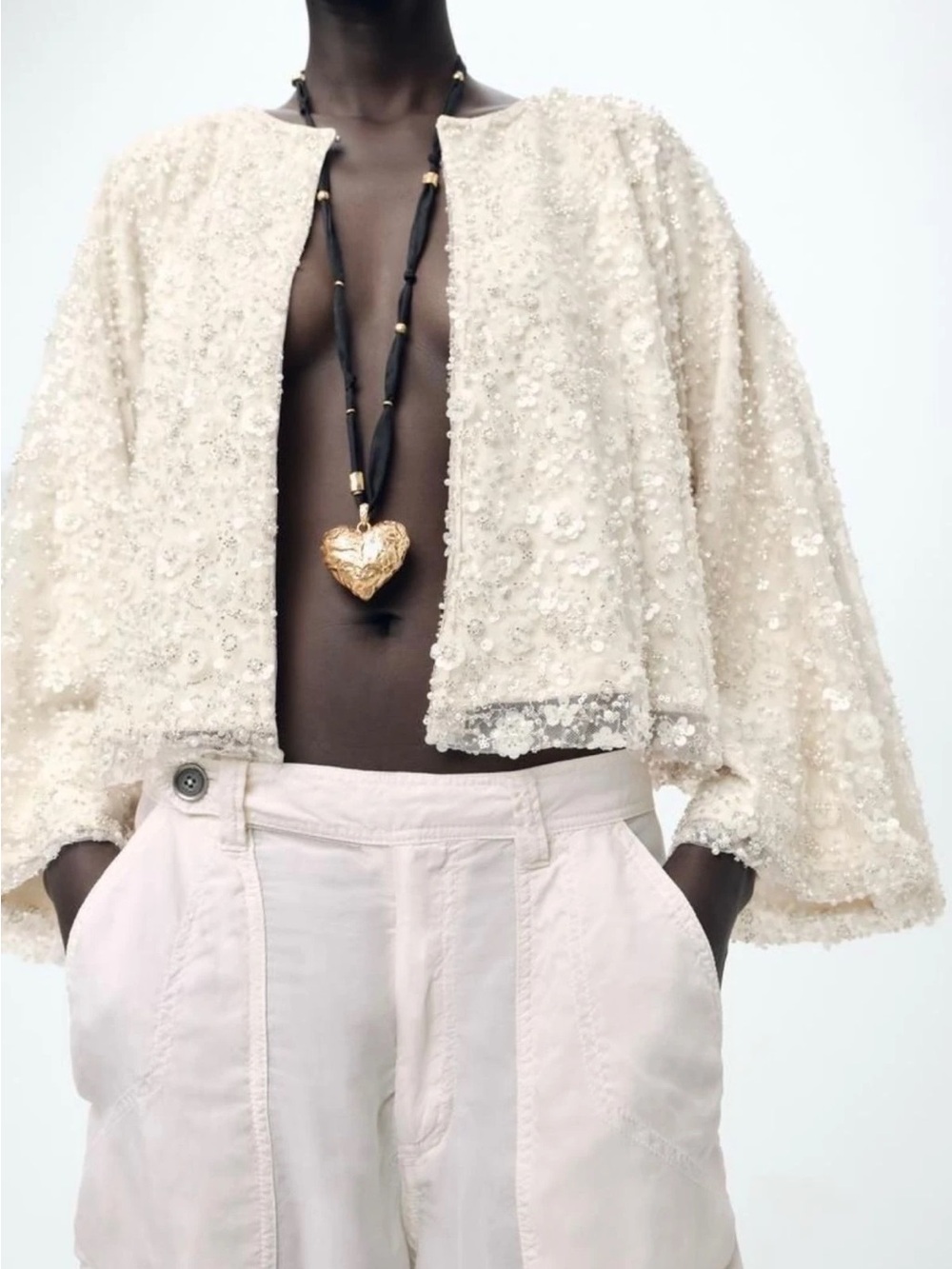 Zara Cream Sequins Floral Blouse Jacket Cardigan Sz XL